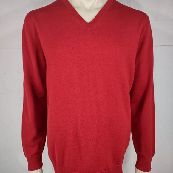 Lands' End red 100% Wool lightweight V-Neck pullover sweater mens Large